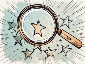 A magnifying glass examining a group of five-star ratings